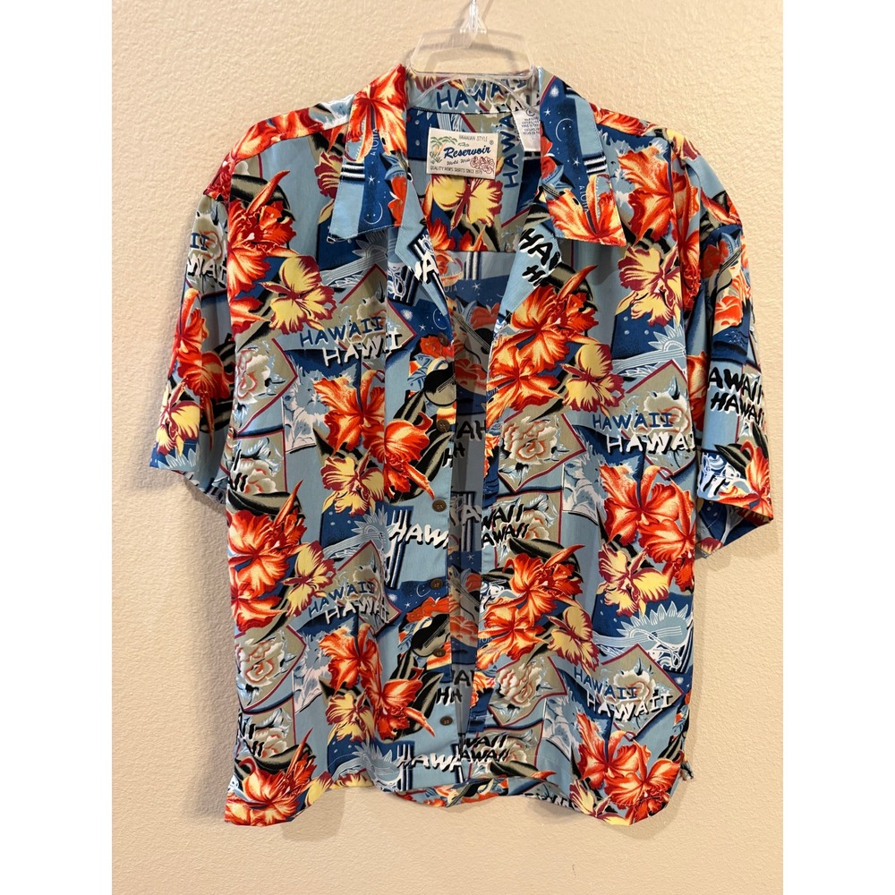 Reservoir Hawaiian Shirt Mens Medium Blue Excellent Tropical Hibiscus Print